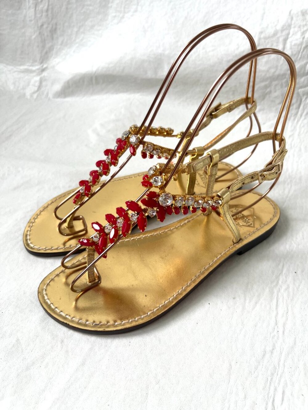 Emanuela Caruso Capri sandals 37 6.5 gold leather bejeweled red rhinestone thong